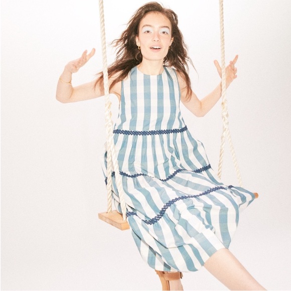 MADEWELL Rickrack Cattail Tiered Dress Sz L Blue White Gingham Check Cotton NWT - Picture 6 of 8